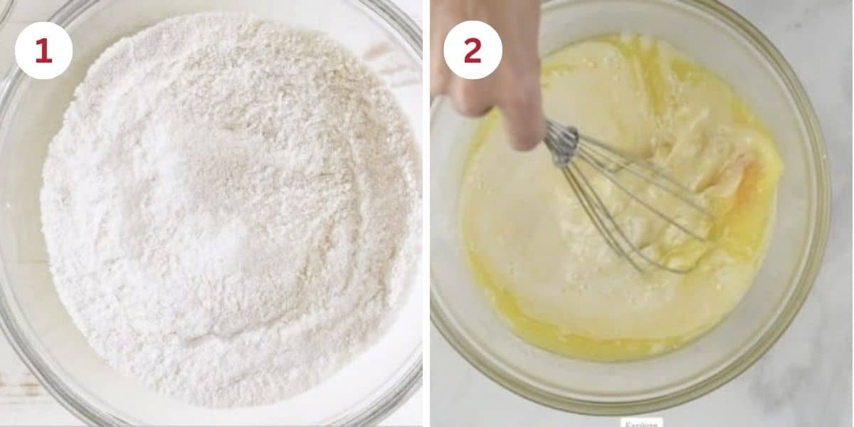 Photos of mixing the dry and wet ingredients in separate mixing bowls.