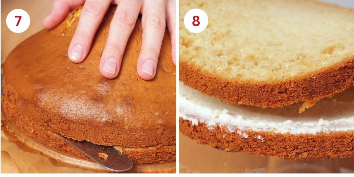 Photos of slicing the cake to make layers.