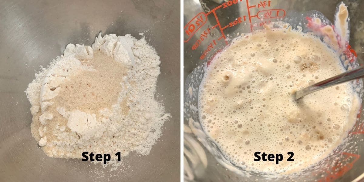 photos of the dry ingredients and frothy yeast.