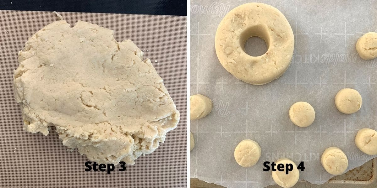 photos of the donut dough before and after shaping.