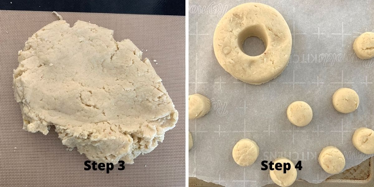 Photos of the donut dough before and after shaping.