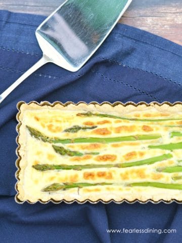 A close up of the asparagus tart in the pan.