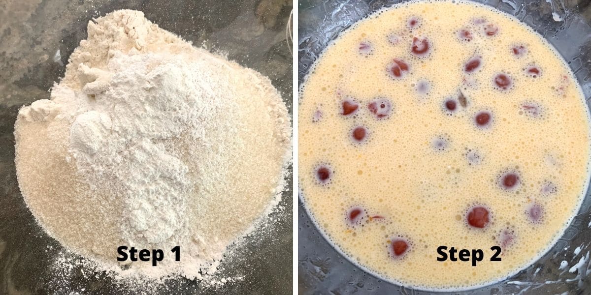 Photos of steps 1 and 2 making cherry cake.