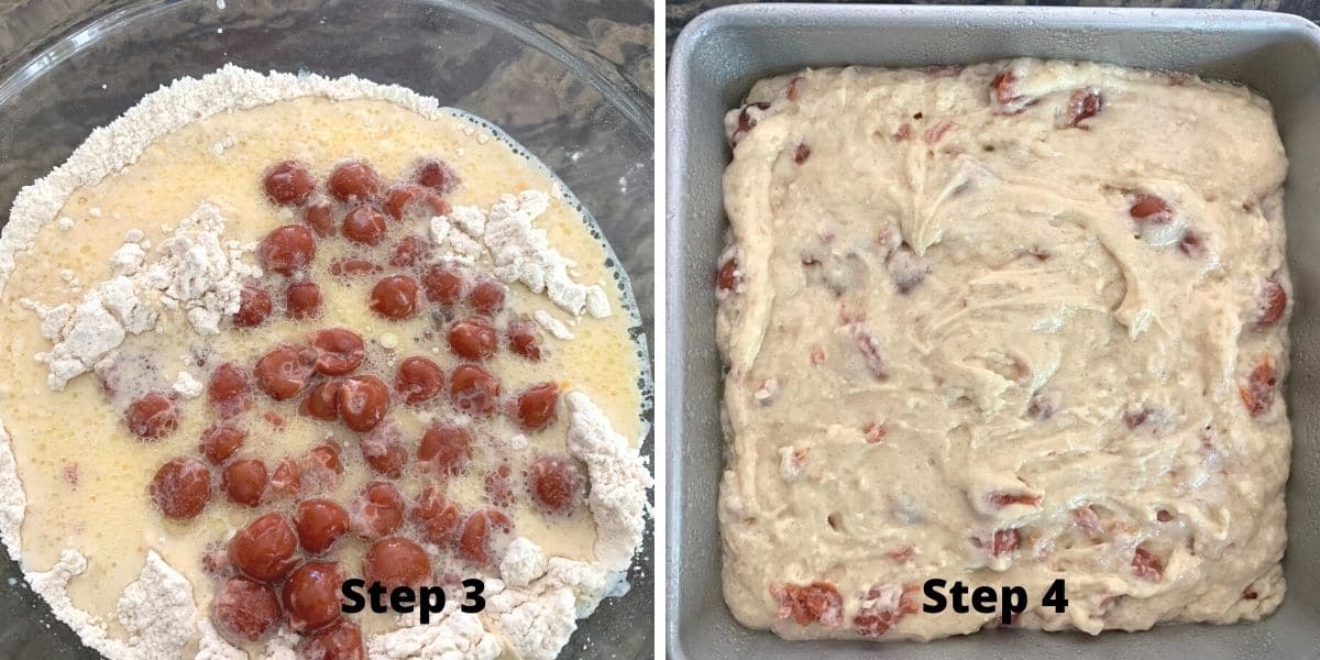 Photos of steps 3 and 4 making cherry cake.