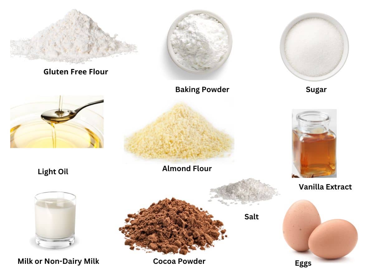 Photos of the ingredients used to make the chocolate mug cake.
