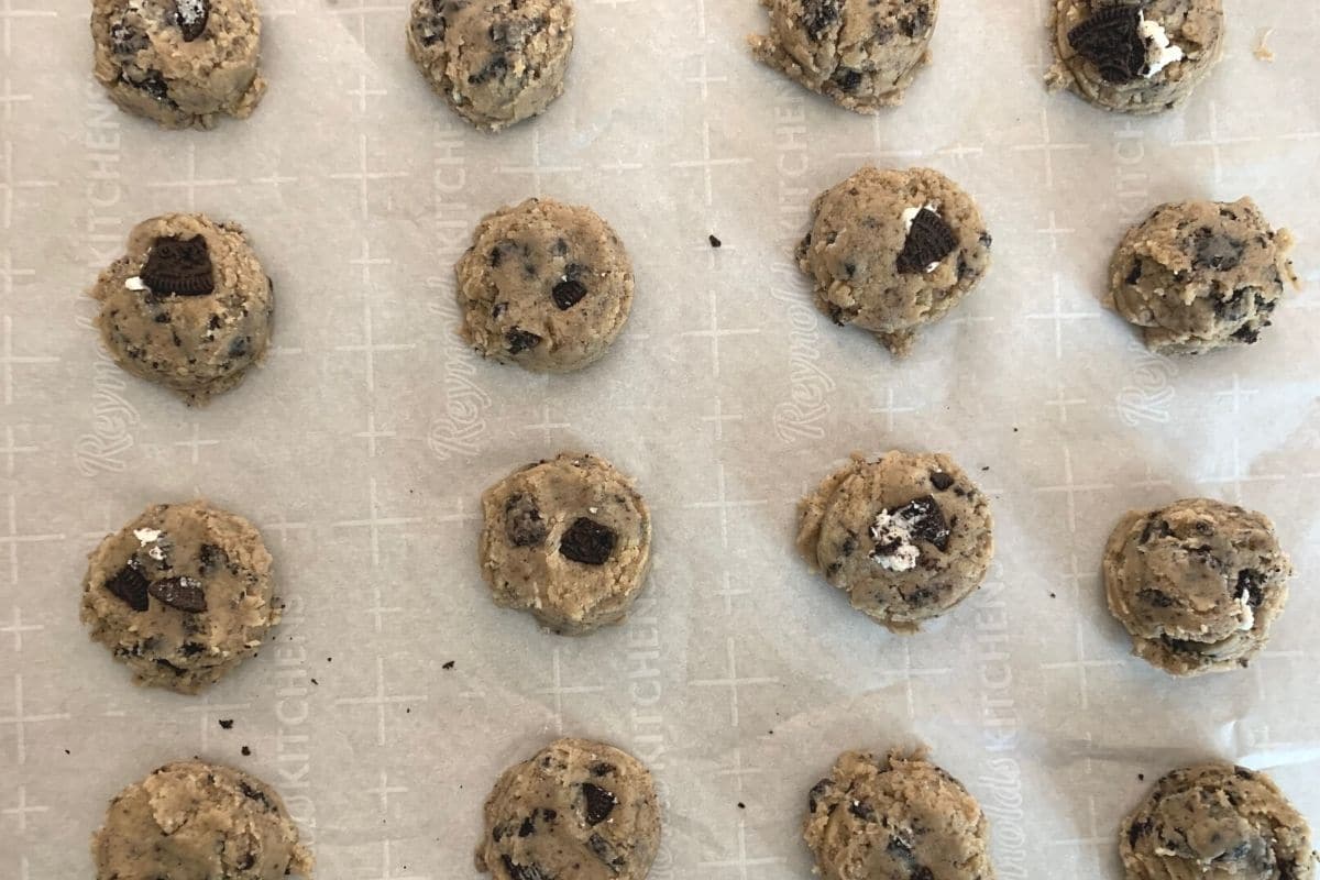 Cookies on a baking sheet, ready to bake.