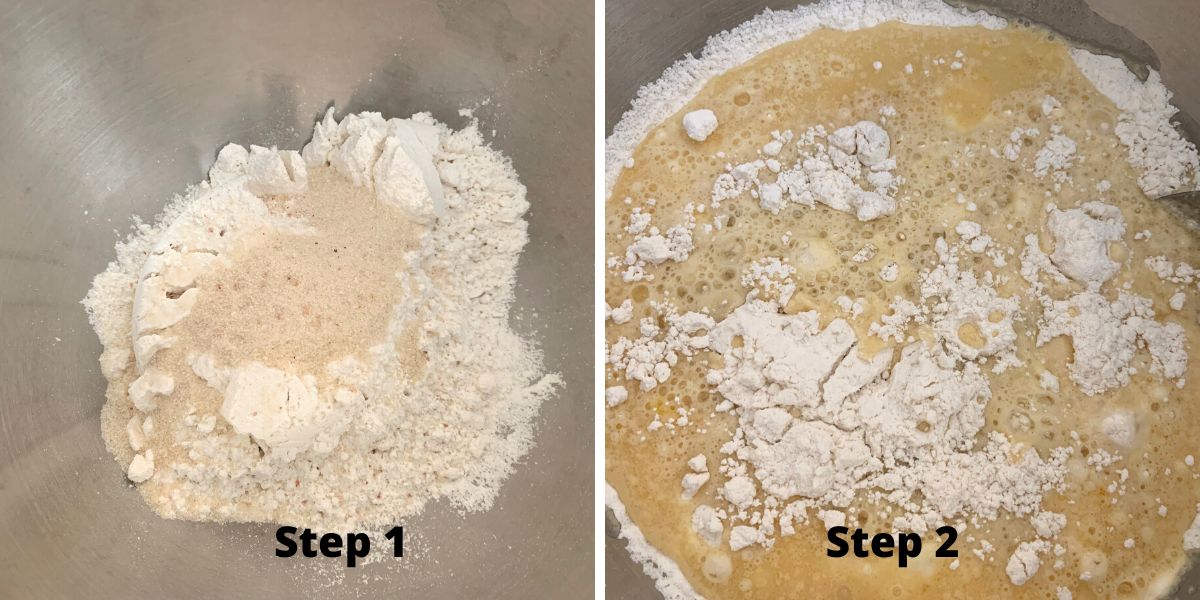 photos of steps one and two mixing up the donut dough.