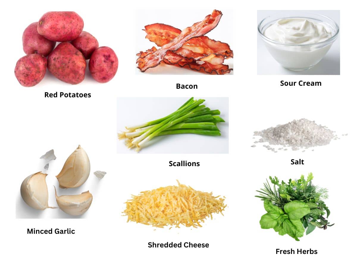 Photos of the loaded baked potato salad ingredients.