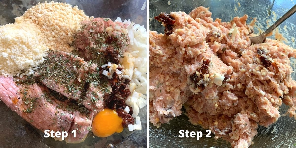Photos of steps one and two making the turkey meatloaf.