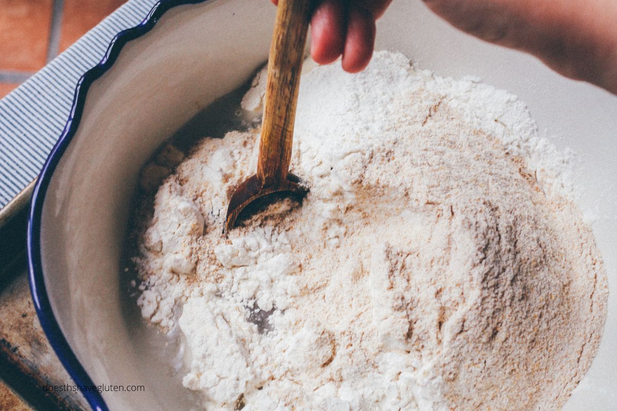 A mixing bowl full of the buckwheat pancakes dry ingredients.