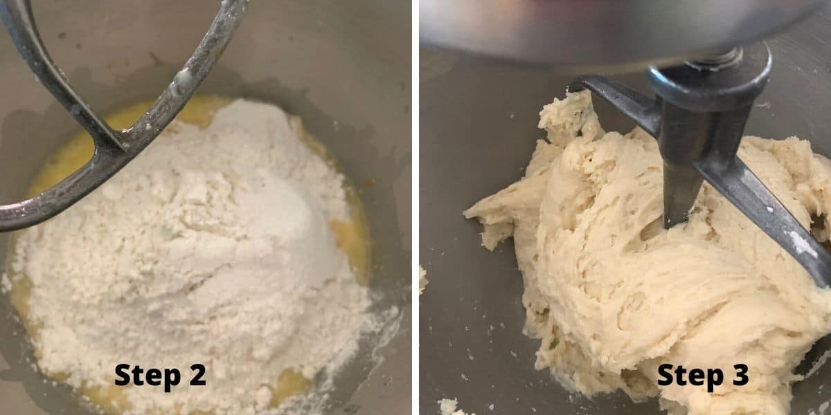 Photos of mixing the wet and dry ingredients in a stand mixer with a paddle attachment.