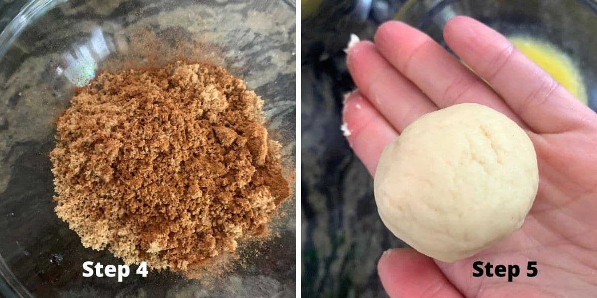 Photos of the cinnamon sugar mixture and a dough ball.