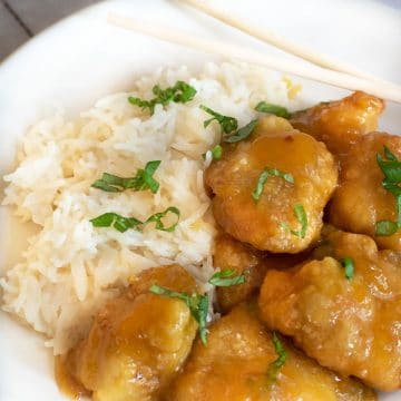 a plate with orange chicken over rice.