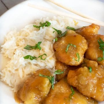 A plate with orange chicken over rice.