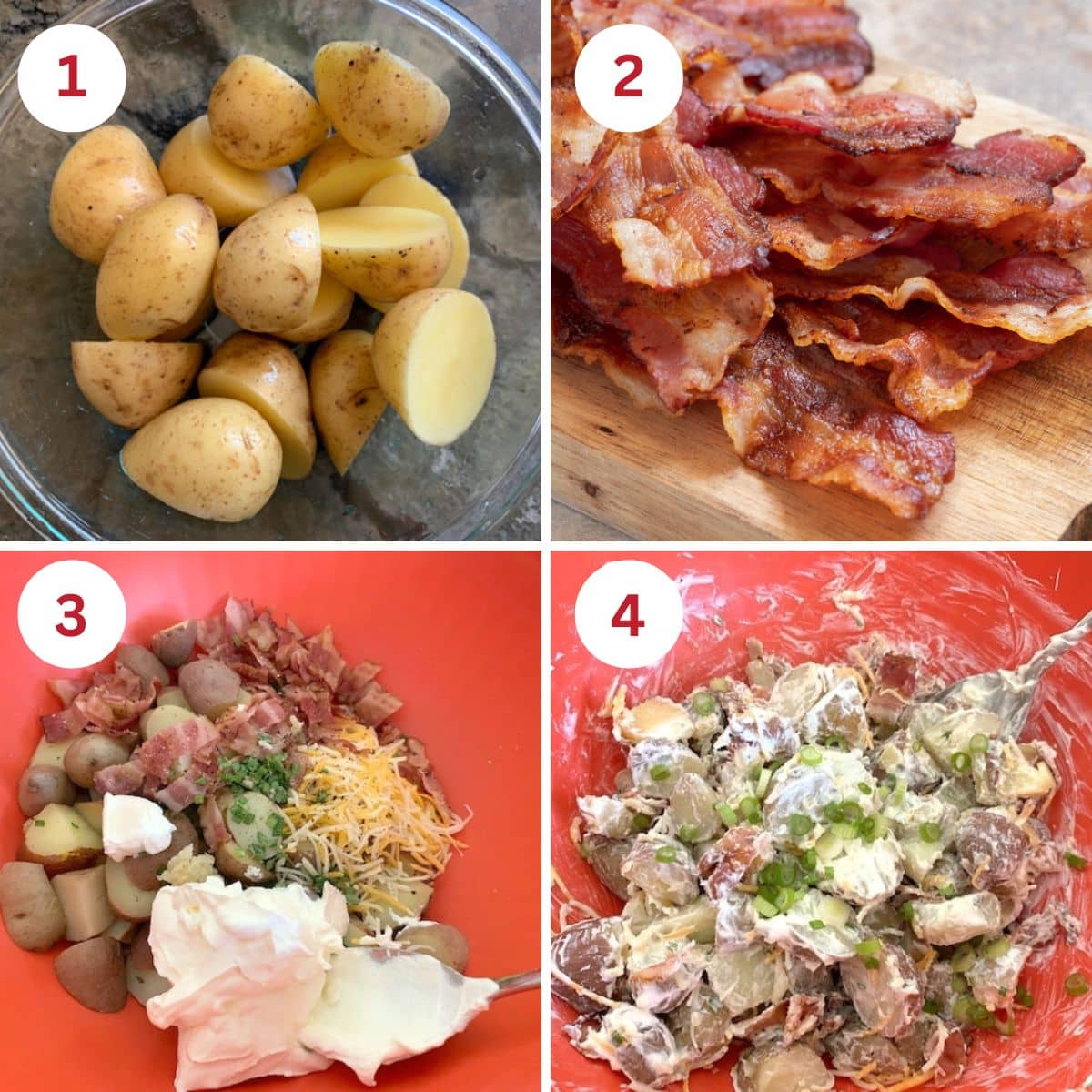 Photos of the four steps needed to make this homemade potato salad with bacon.