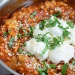 A photo of the cooked skillet lasagna in a large pan.