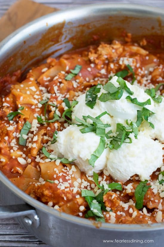 A photo of the cooked skillet lasagna in a large pan.