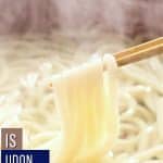 a pin image of udon in a soup bowl.