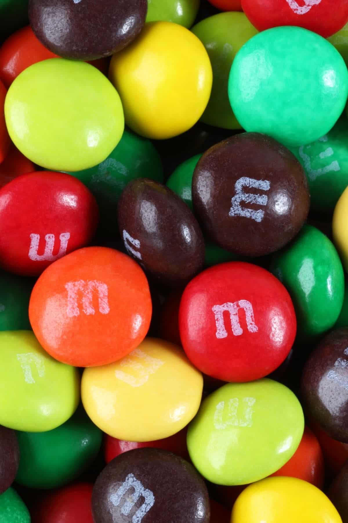 A close ups of colorful M&Ms.