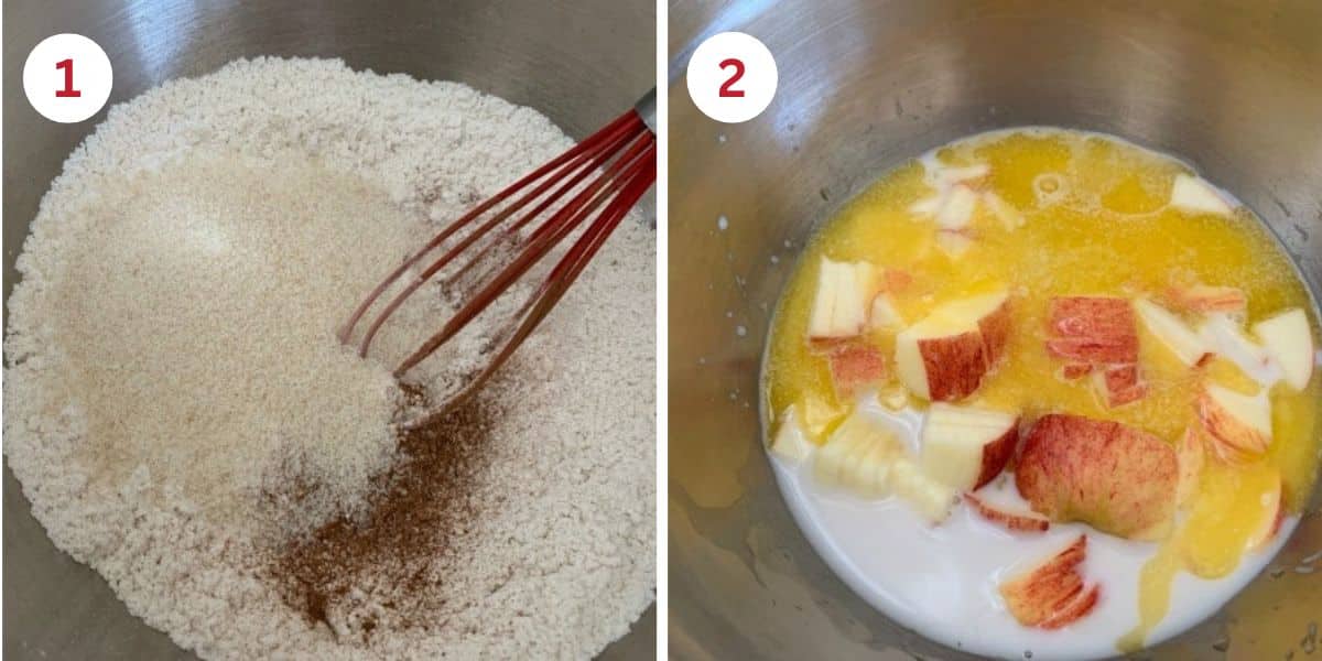 Photos of the wet and dry ingredients in separate bowls.
