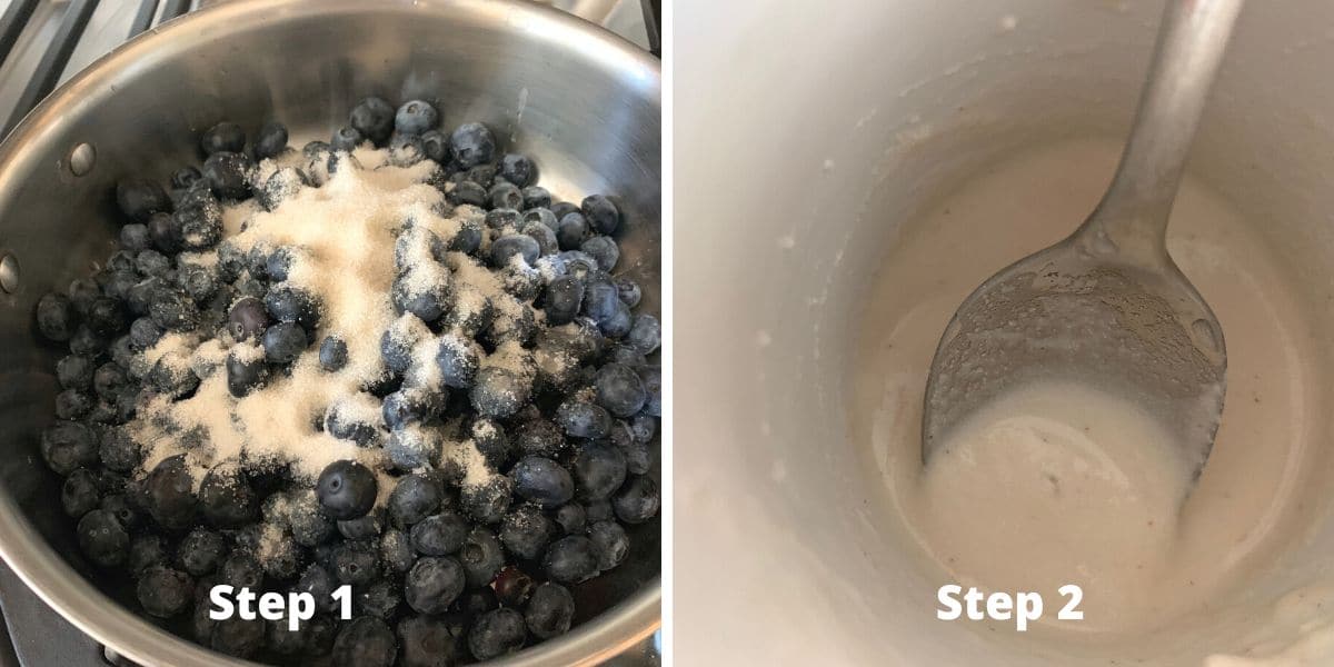 Photos of steps 1 and 2 making the blueberry filling.