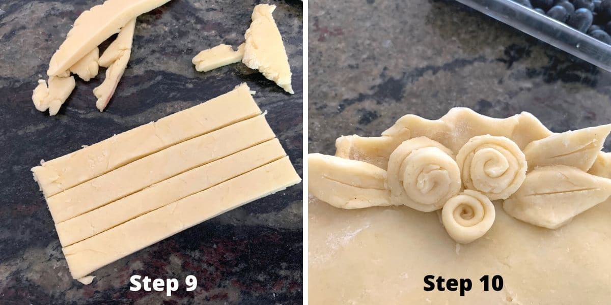 Photos of steps 9 and 10 decorating the pie crust.