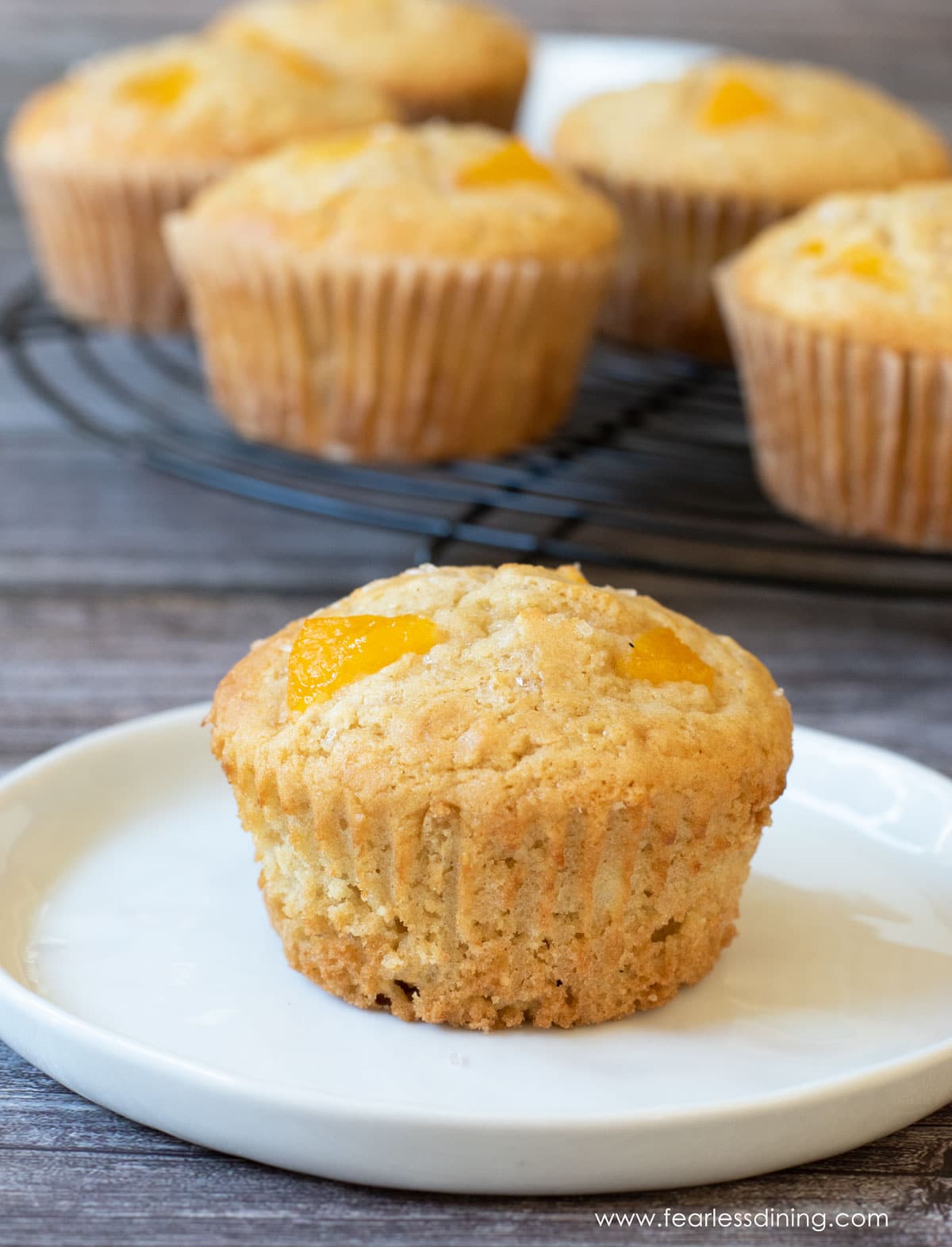 A peach muffin sitting on a small white plate.