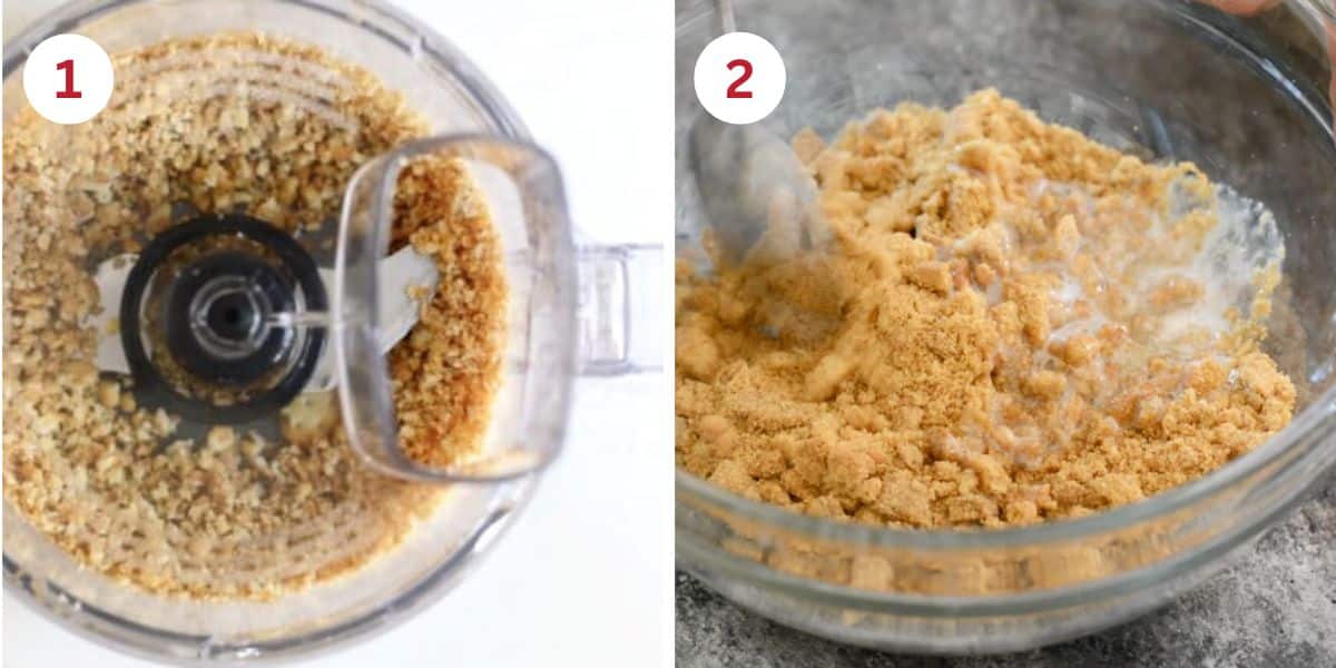 Photos showing crushing the graham crackers in a food processor and mixing the crust.
