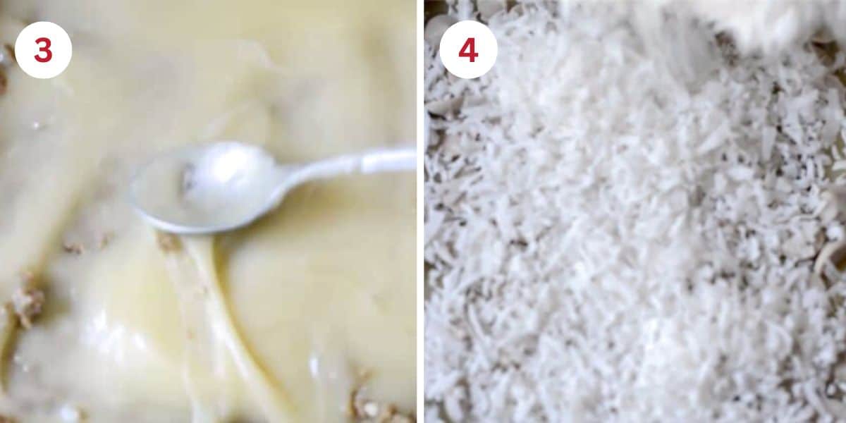 Photos showing spreading the condensed milk kand adding the shredded coconut layers.