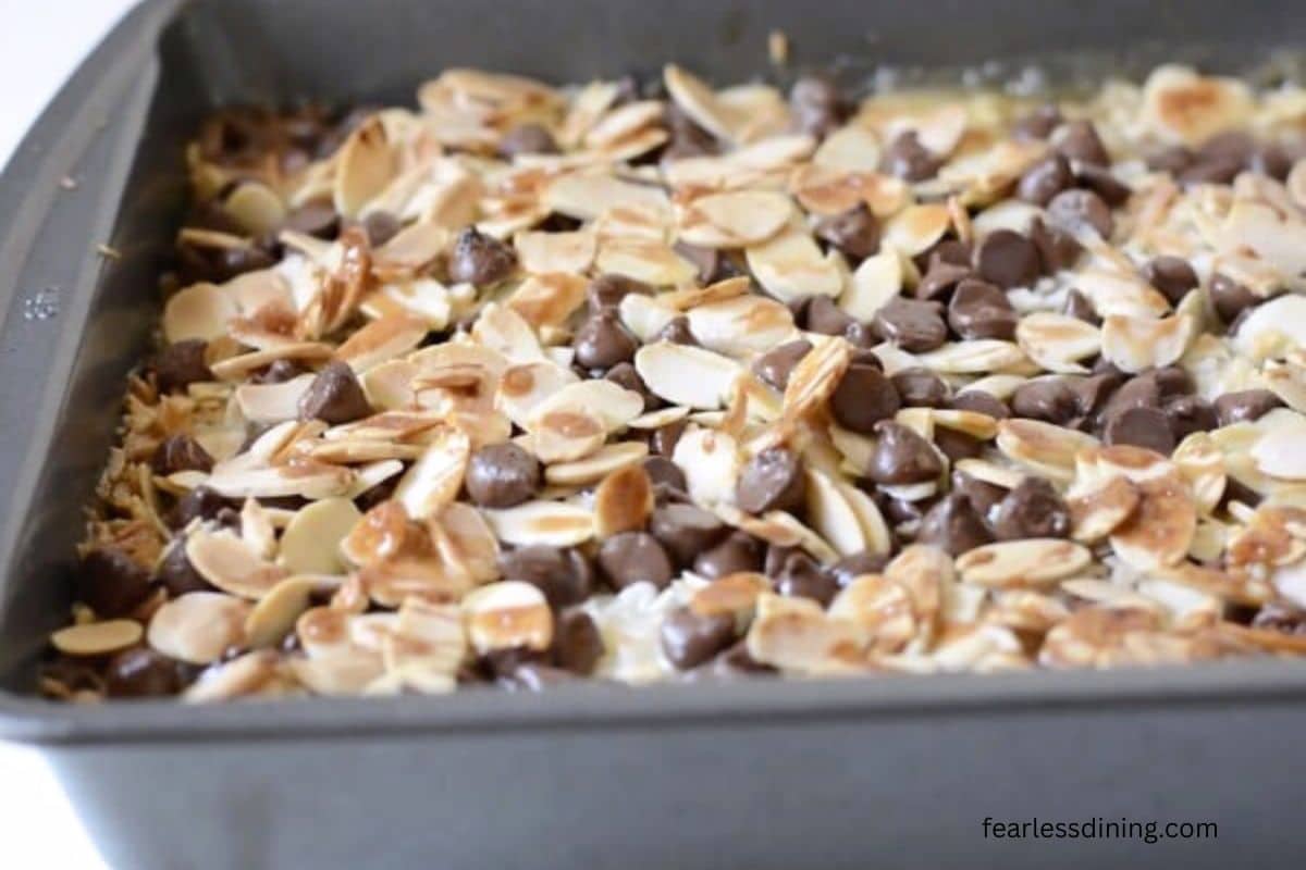 The baked magic bars in an 8x8 pan.