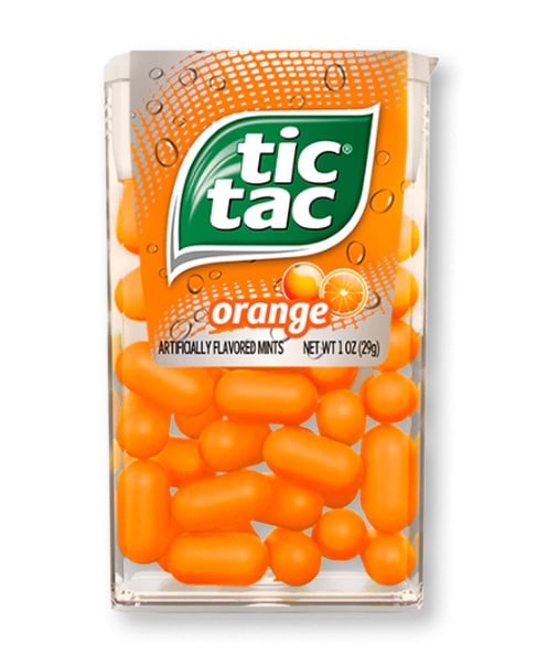 a box of orange tic tacs.
