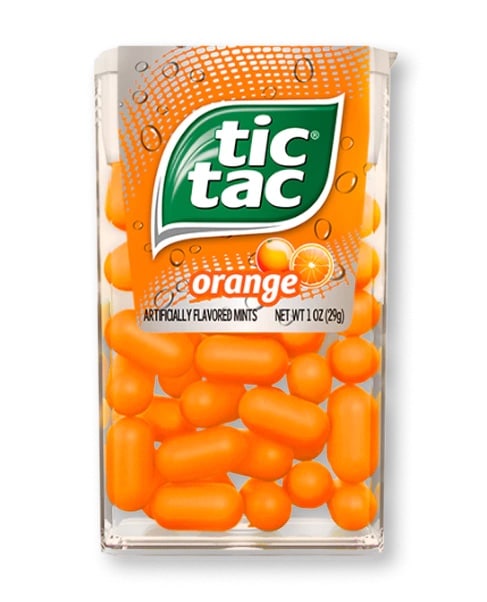 A box of orange tic tacs.