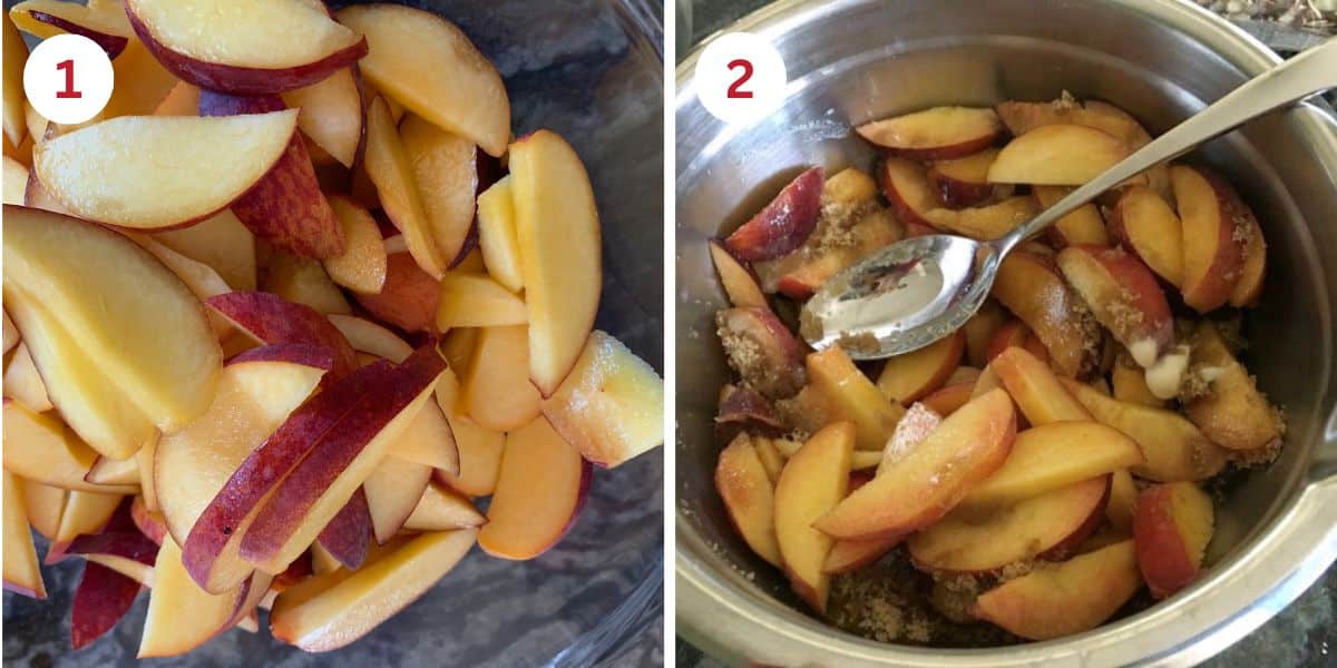 Photos of slicing the peaches and adding the brown sugar and butter.