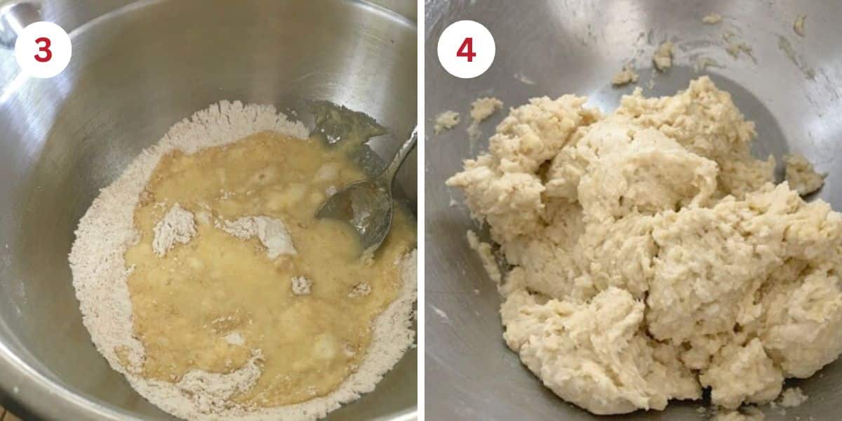 Photos showing mixing up the biscuit topping for the gluten free cobbler.