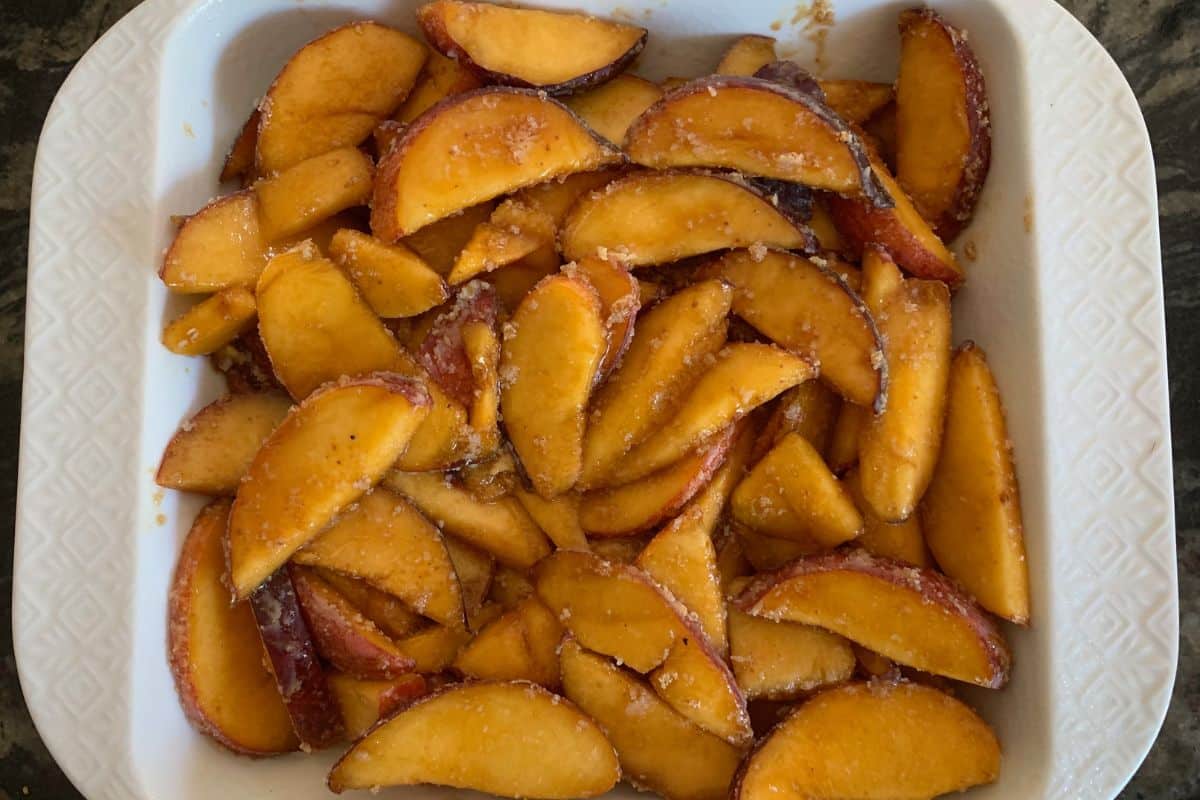 Photos of the  sliced peaches in the 8x8 dish.