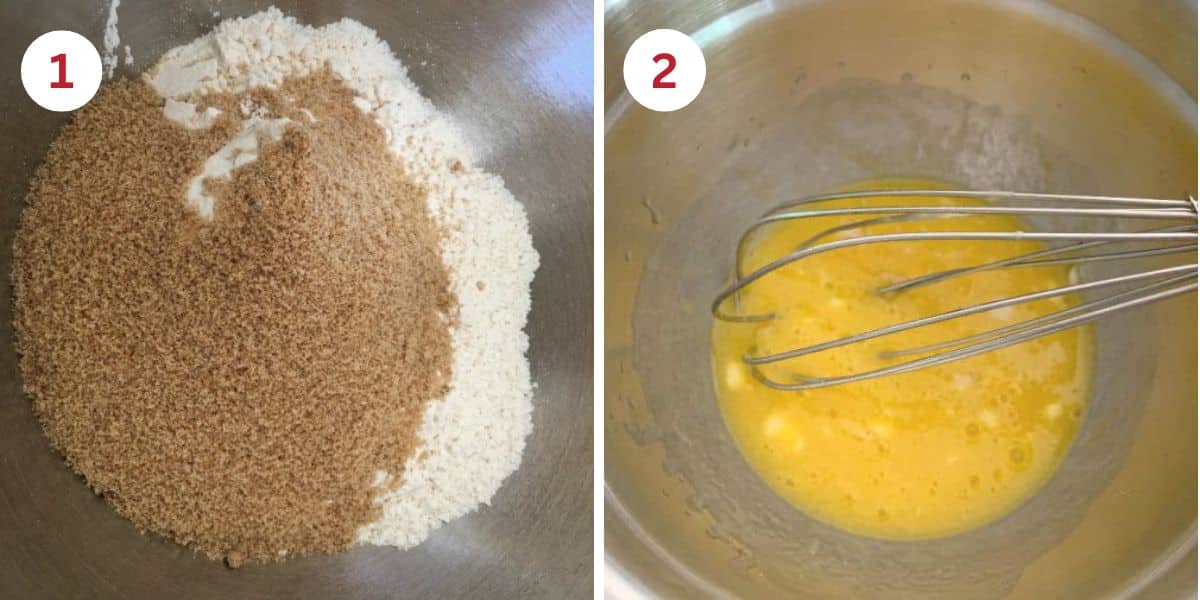 Photos of the dry and wet ingredients in separate mixing bowls.