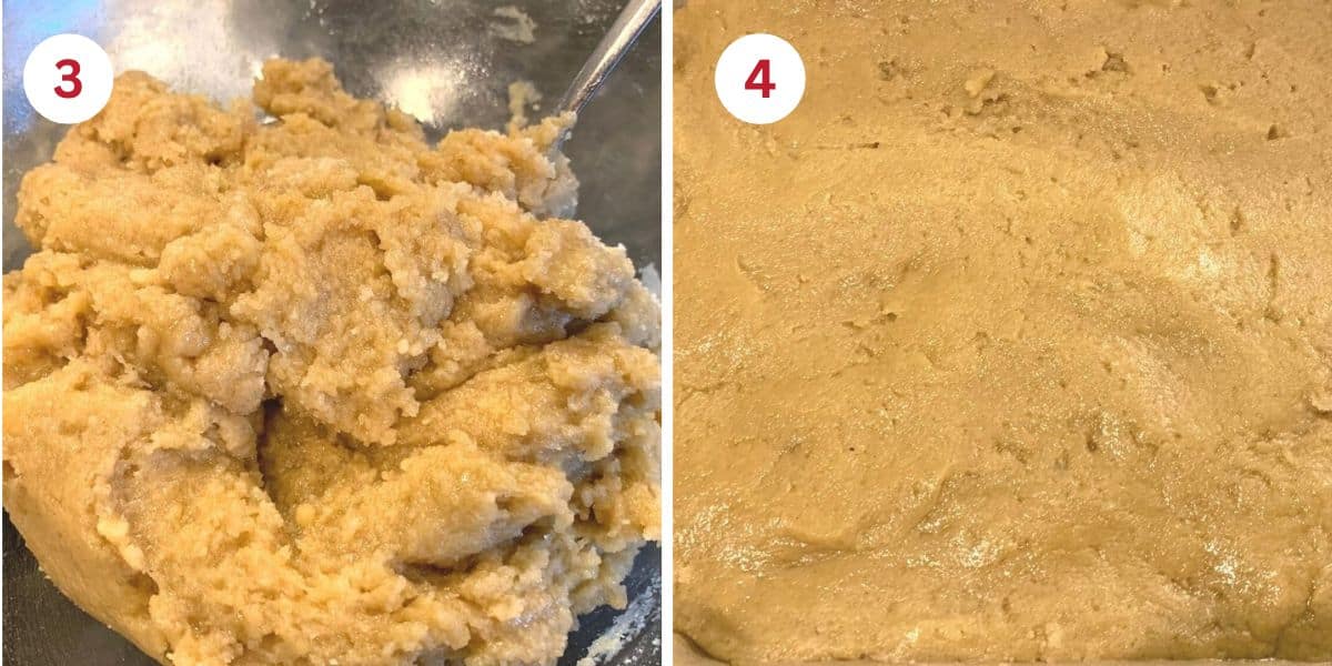 Photos of the peanut butter blondie dough in the bowl and in the 8x8 pan.