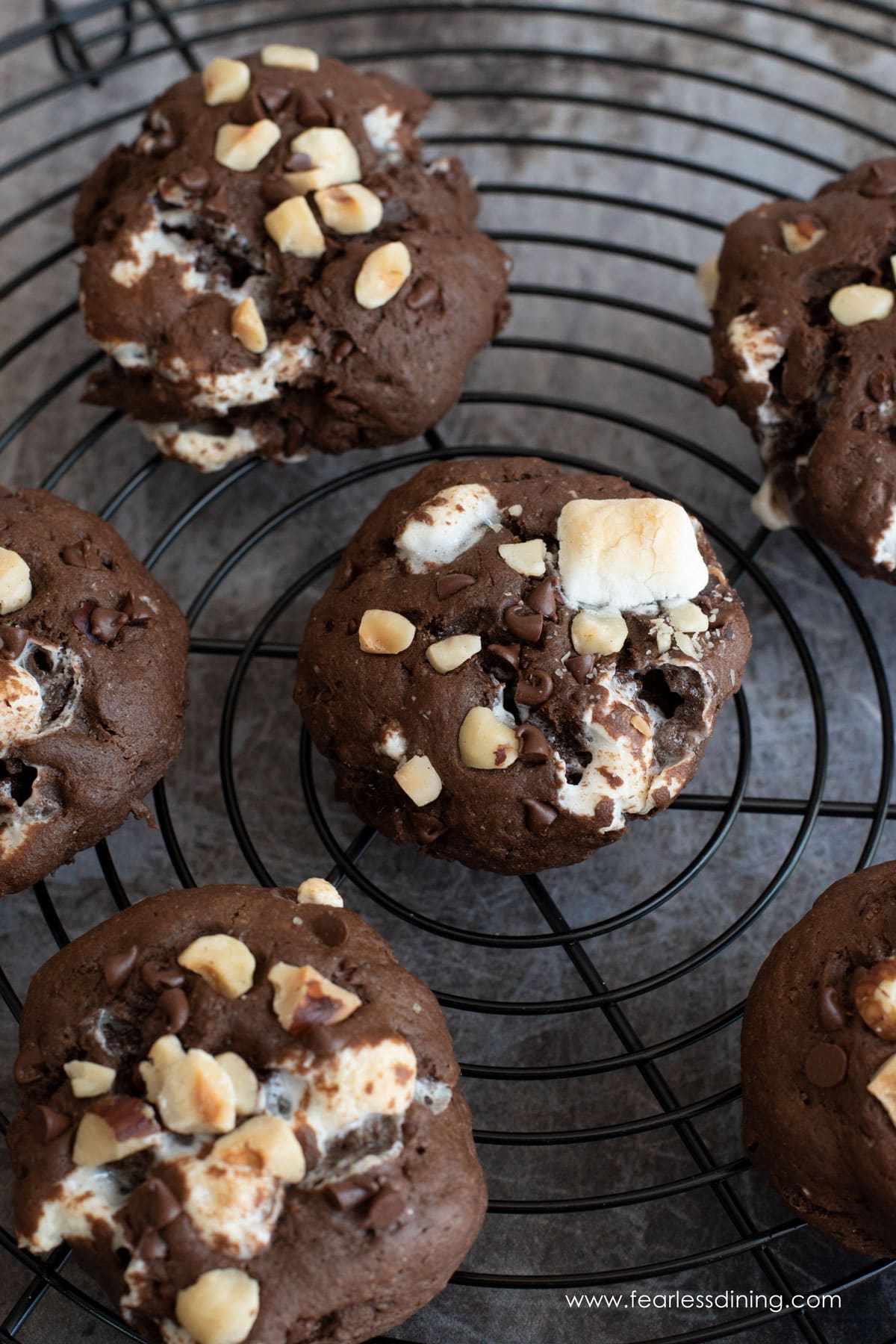 Some rocky road cookies on a wire rack.