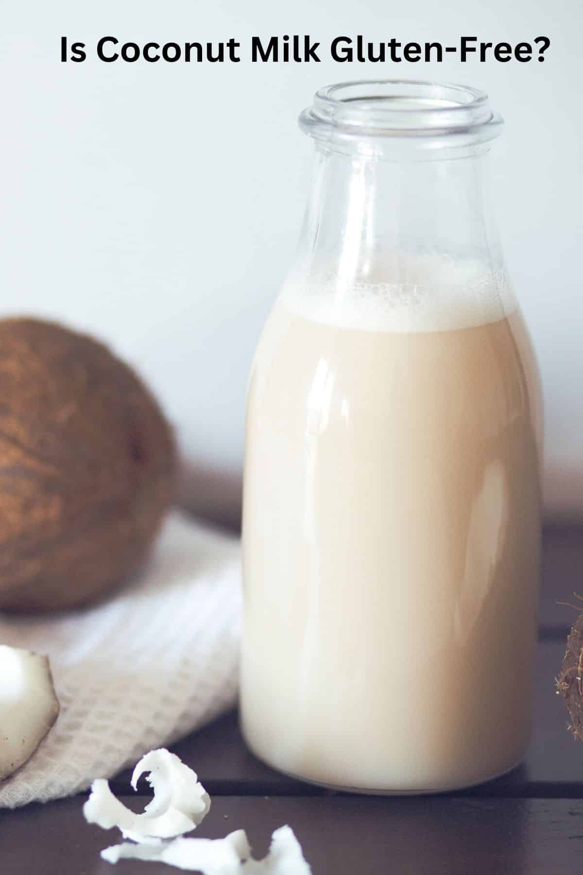 A small milk bottle filled with coconut milk.