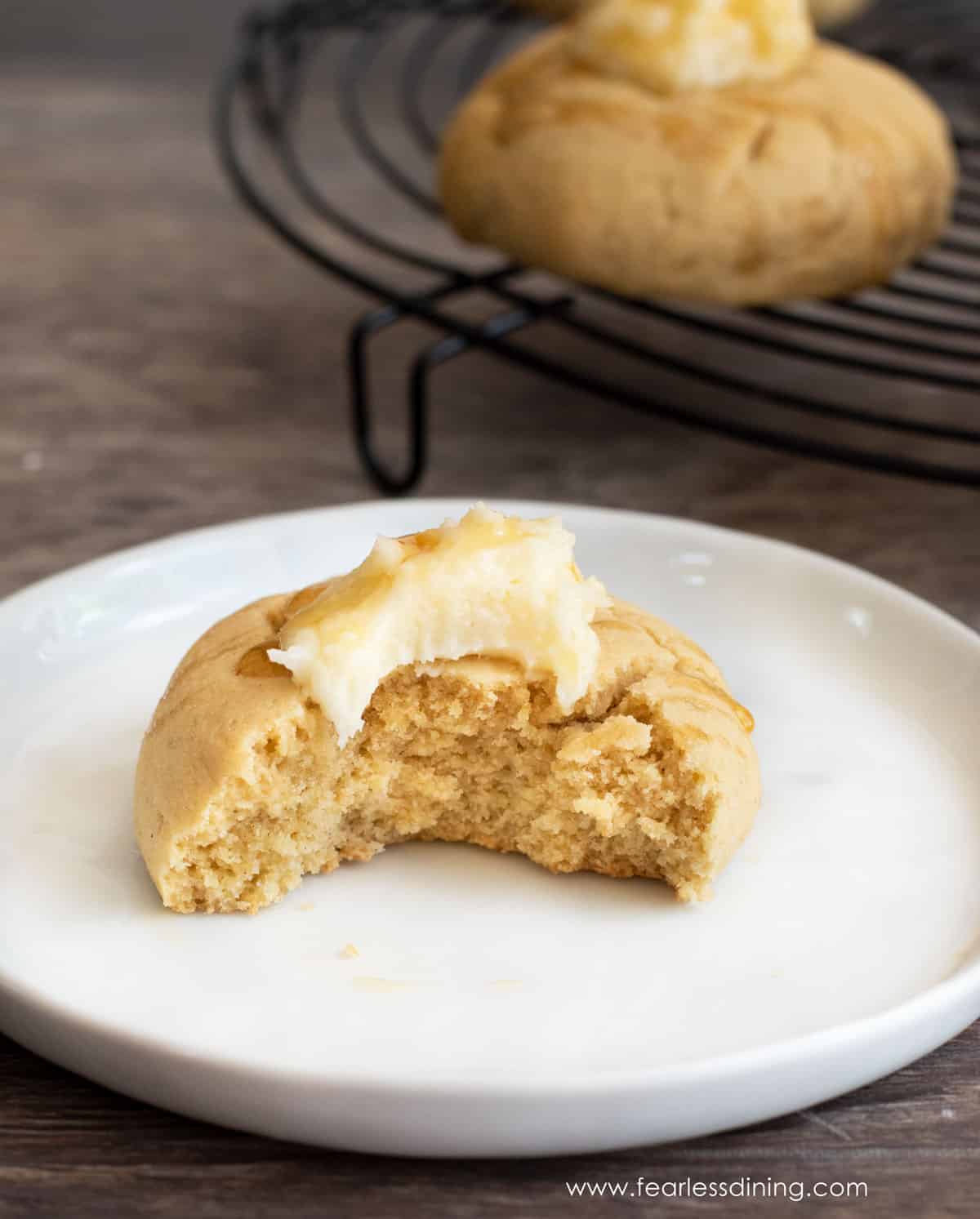 a cornbread cookie with a bite taken out.