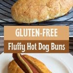 A Pinterest image of a hot dog in a gluten free hot dog bun.