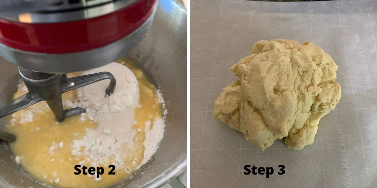 Photos of steps 2 and 3, of the ingredients in the mixer and the final dough.