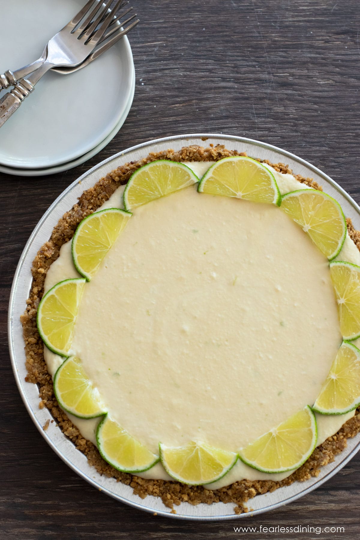 The top view of a key lime pie.