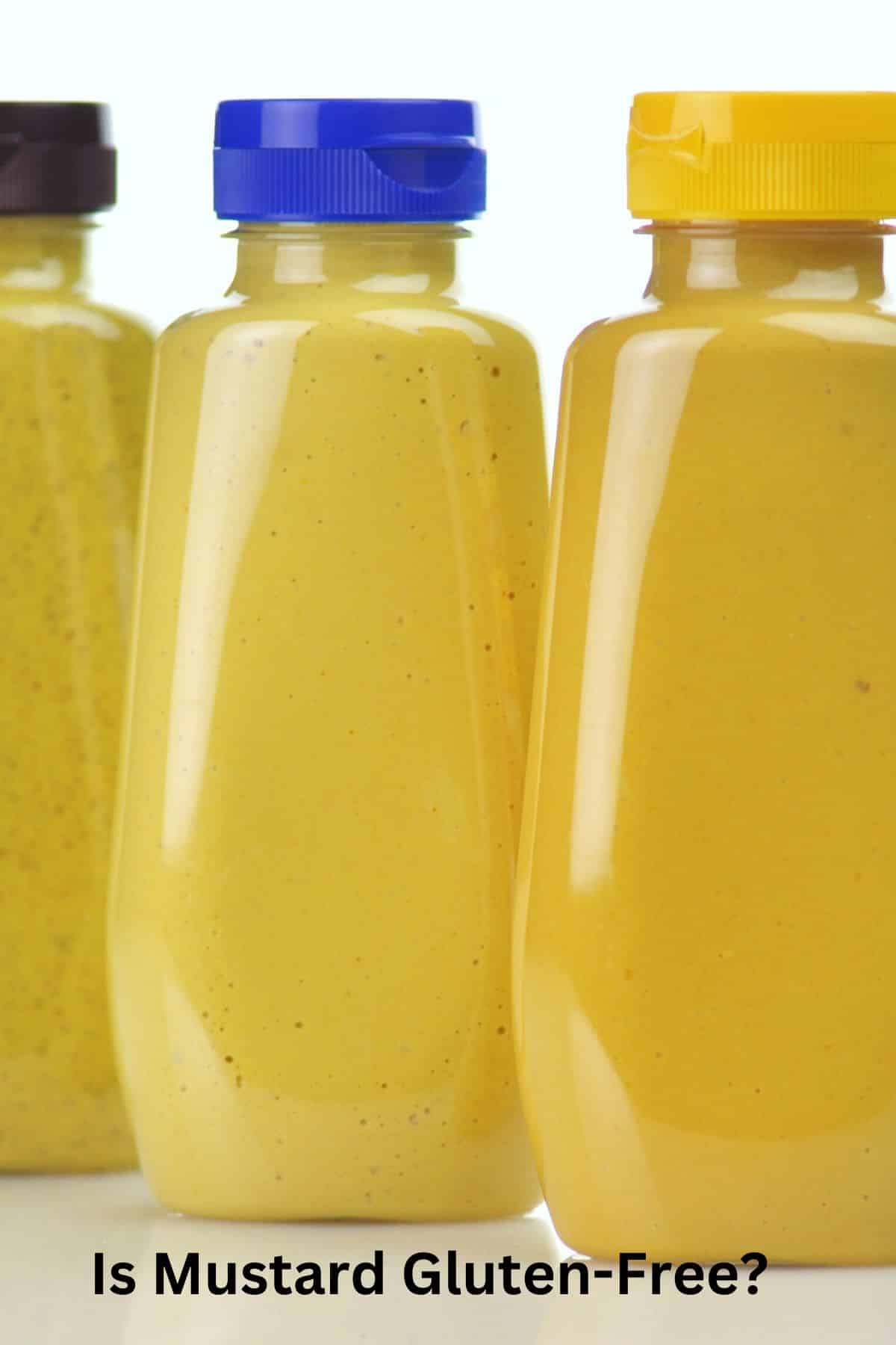 Three mustard bottles in a row.