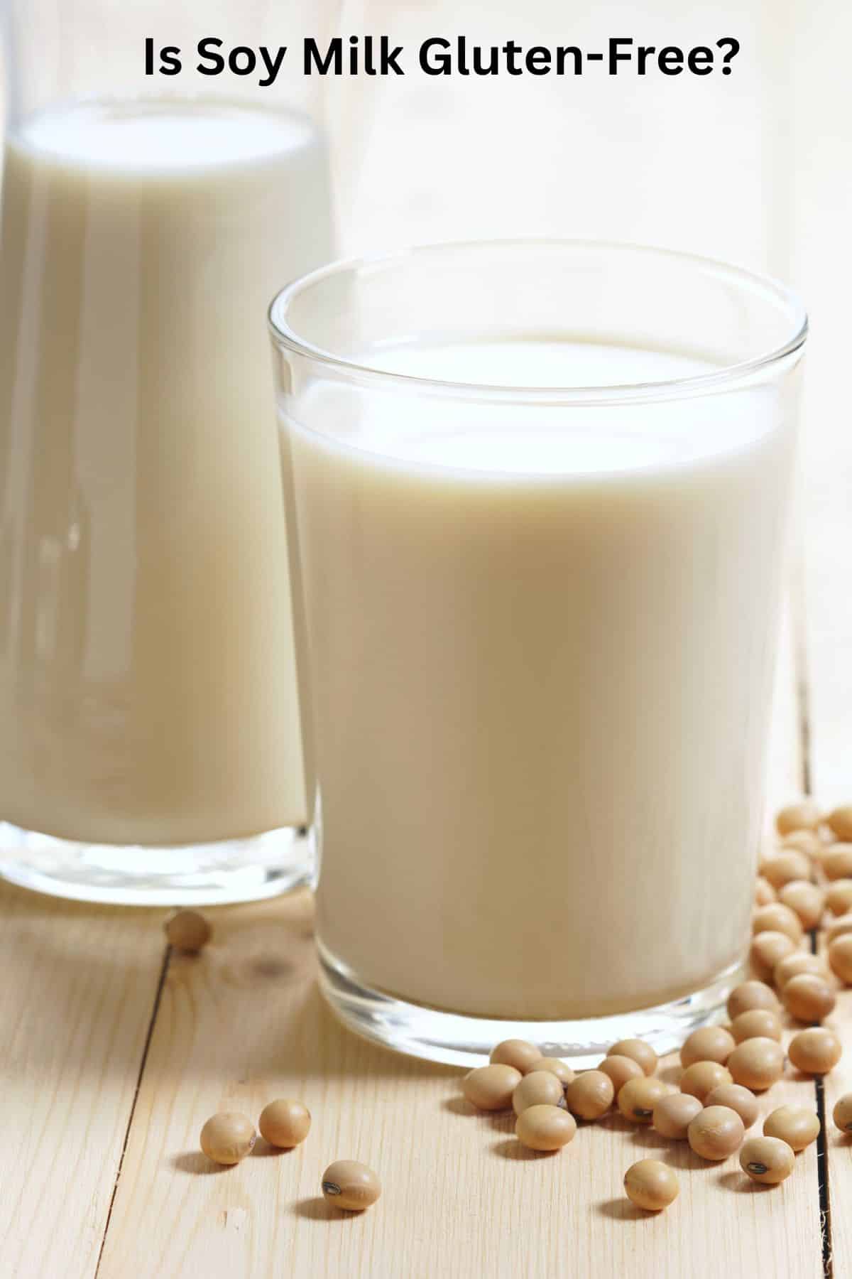 A glass of soy milk next to a carafe of soy milk on a table.