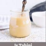 a pin image of a jar of tahini.