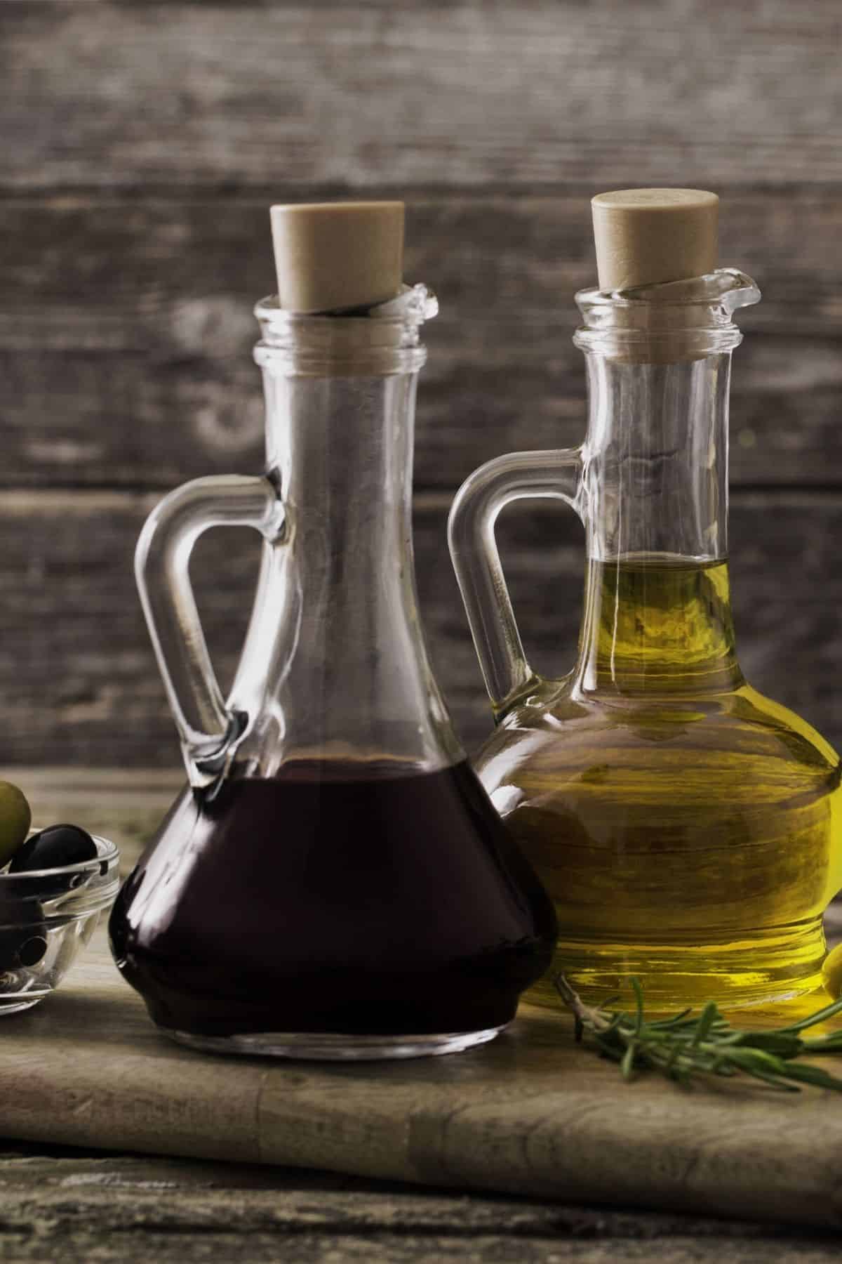 a small glass container of balsamic vinegar.