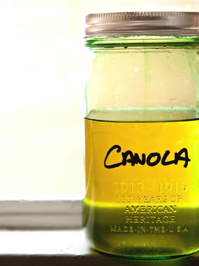 a jar of canola oil on a counter.