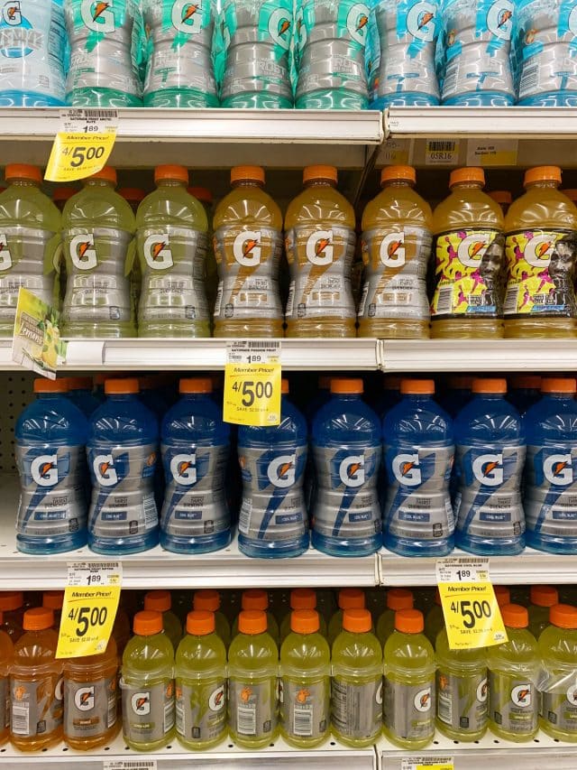 gatorade bottles on a shelf.