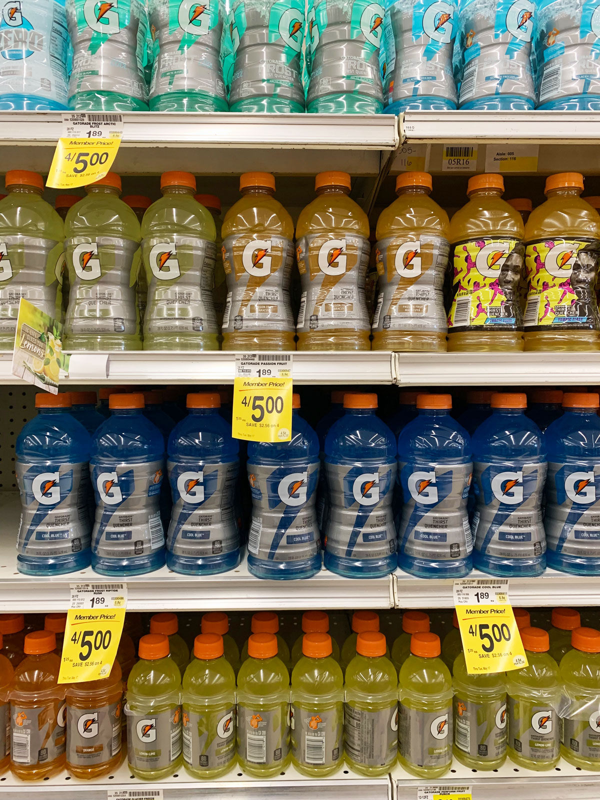 Gatorade bottles on a shelf.